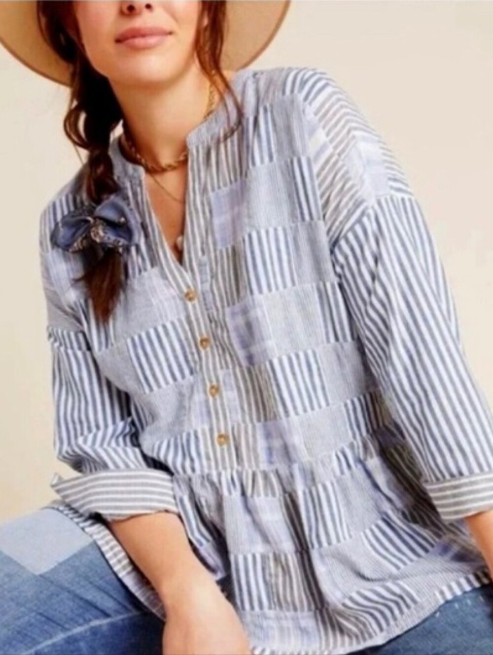 Maeve Blue and White Striped Peplum Button-Front Cotton Blouse Size Medium